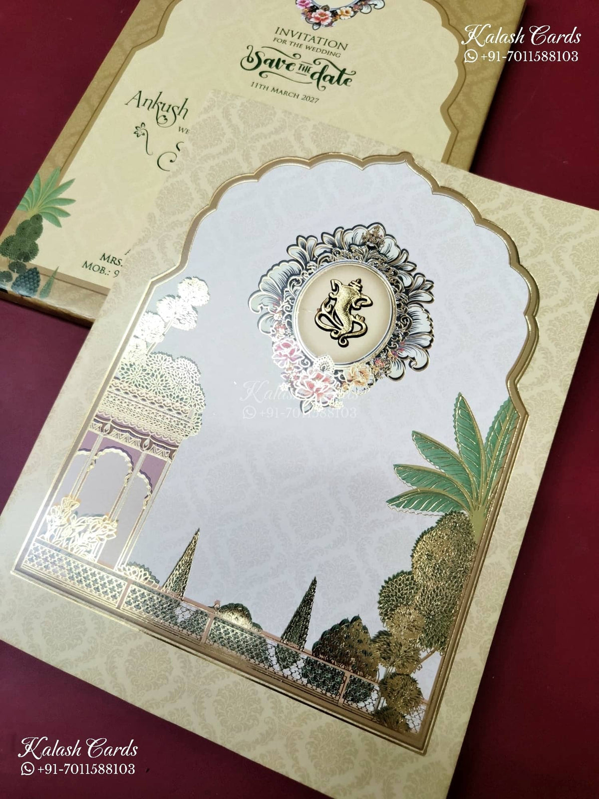 KLB-1298 White Creme Royal Arch Semi Box Wedding Card (2 Page)-Kalash Cards
