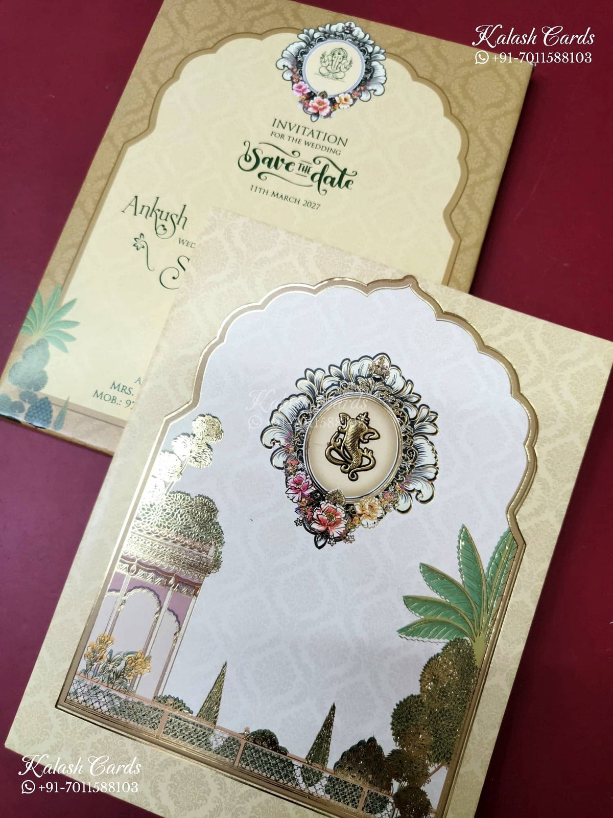 KLB-1298 White Creme Royal Arch Semi Box Wedding Card (2 Page)-Kalash Cards