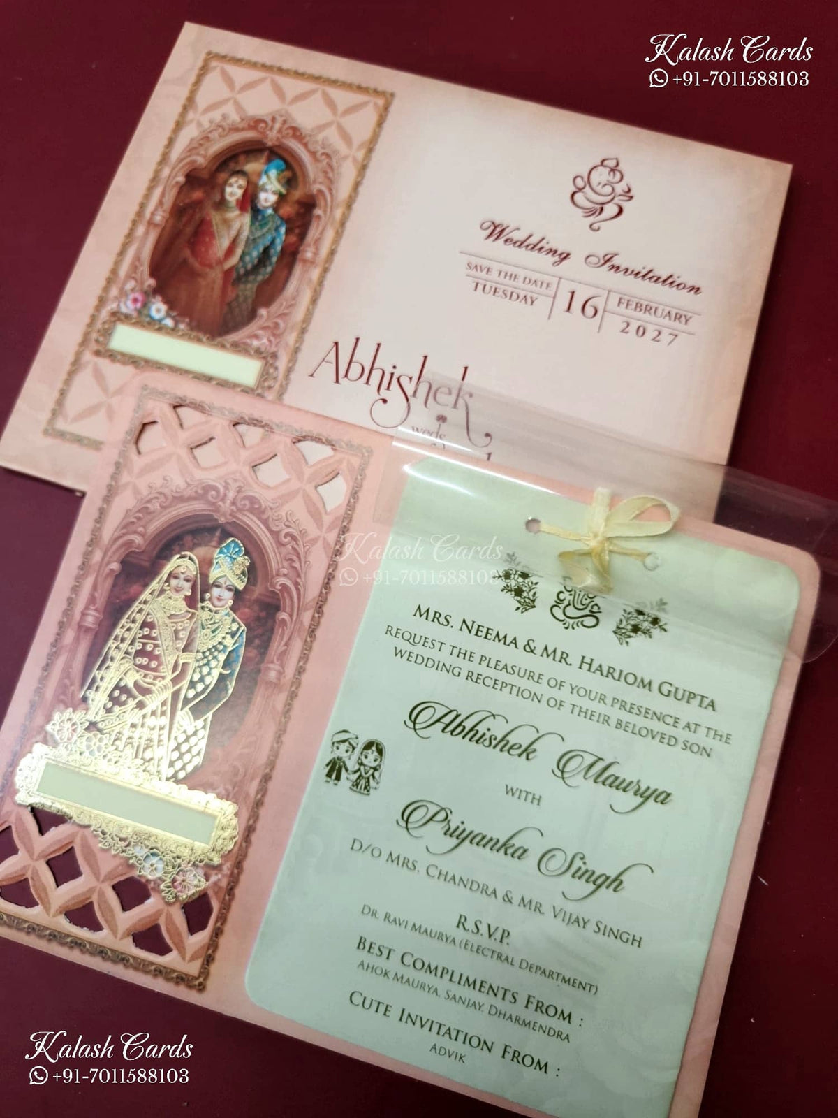 KLB-1302 Pink Bride Groom Laser Cut Semi Box Wedding Card (2 Page & Transparent PVC)-Kalash Cards