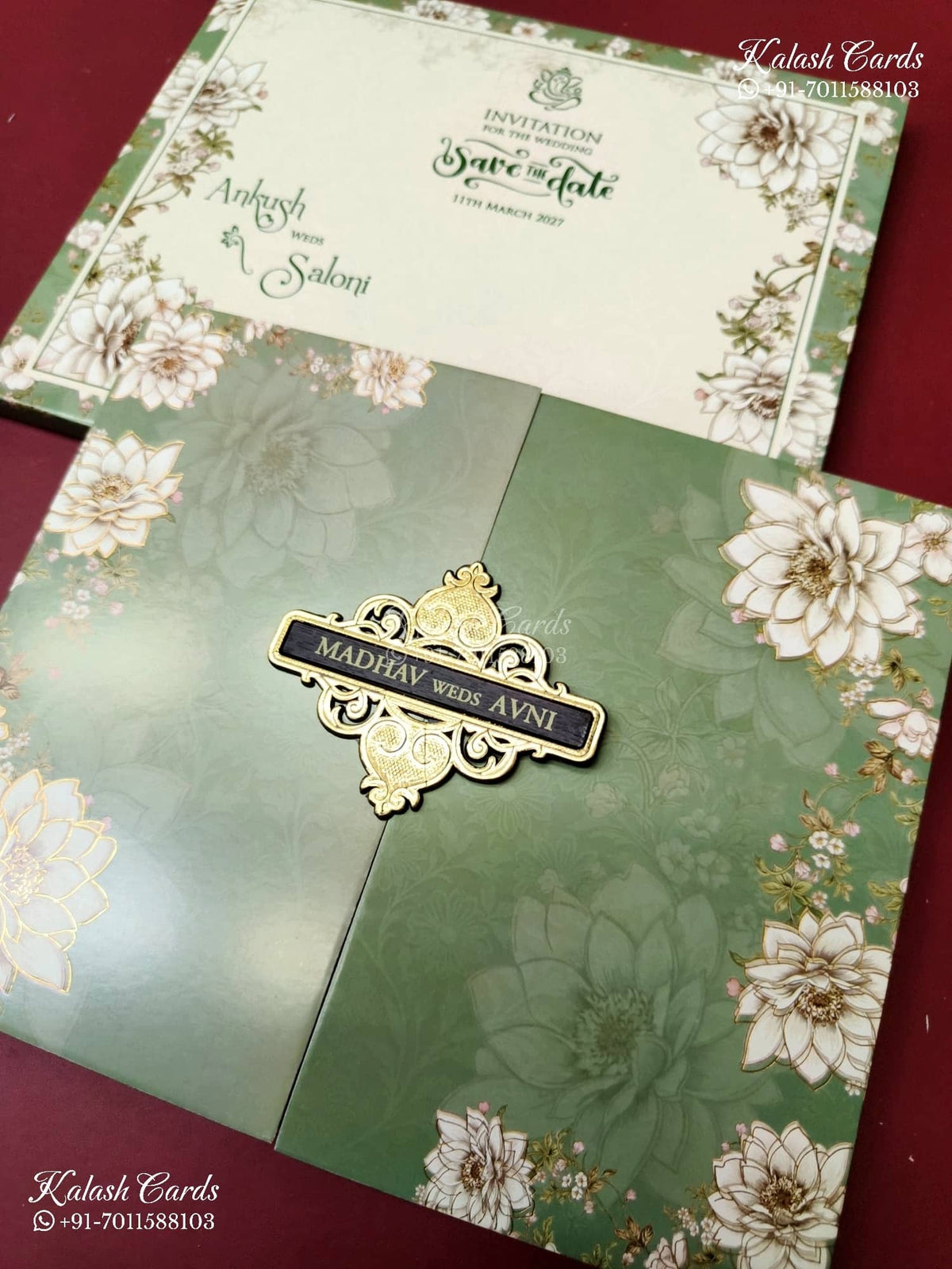 KLB-1303 Green Floral Door Style Wedding Card (2 Page & Couple Name Wooden Plate)-Kalash Cards
