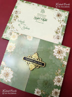 KLB-1303 Green Floral Door Style Wedding Card (2 Page & Couple Name Wooden Plate)-Kalash Cards