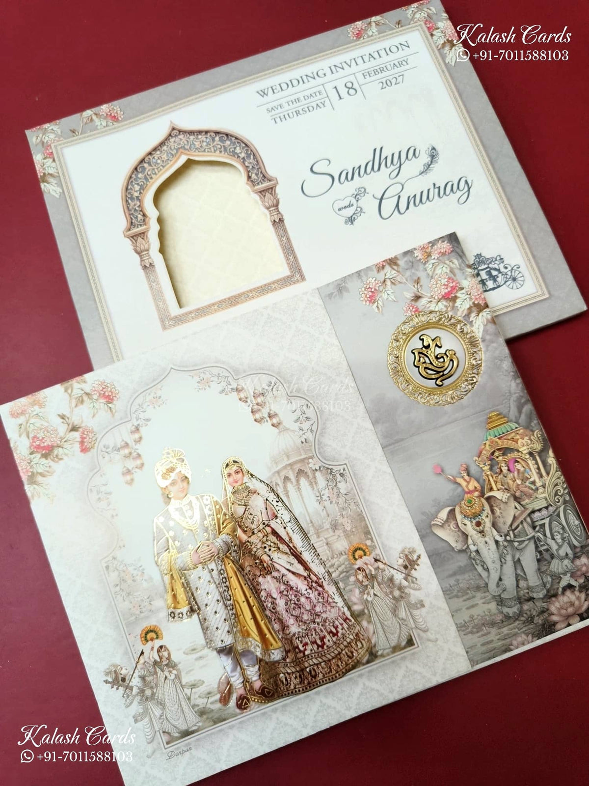 KLB-1304 Grey Bride Groom Door Style Semi Box Wedding Card (2 Page)-Kalash Cards
