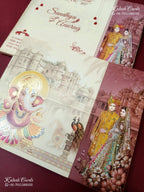 KLB-1306 Creme Pink Bride Groom Ganesh Ji Door Style Semi Box Wedding Card (2 Page)-Kalash Cards