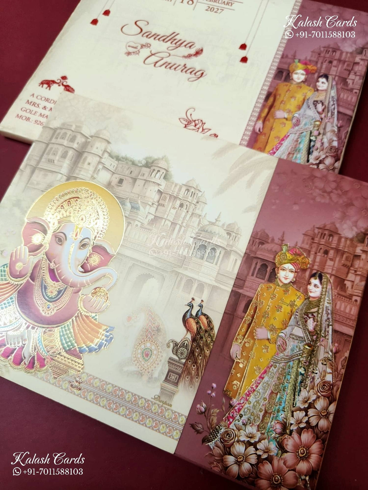 KLB-1306 Creme Pink Bride Groom Ganesh Ji Door Style Semi Box Wedding Card (2 Page)-Kalash Cards
