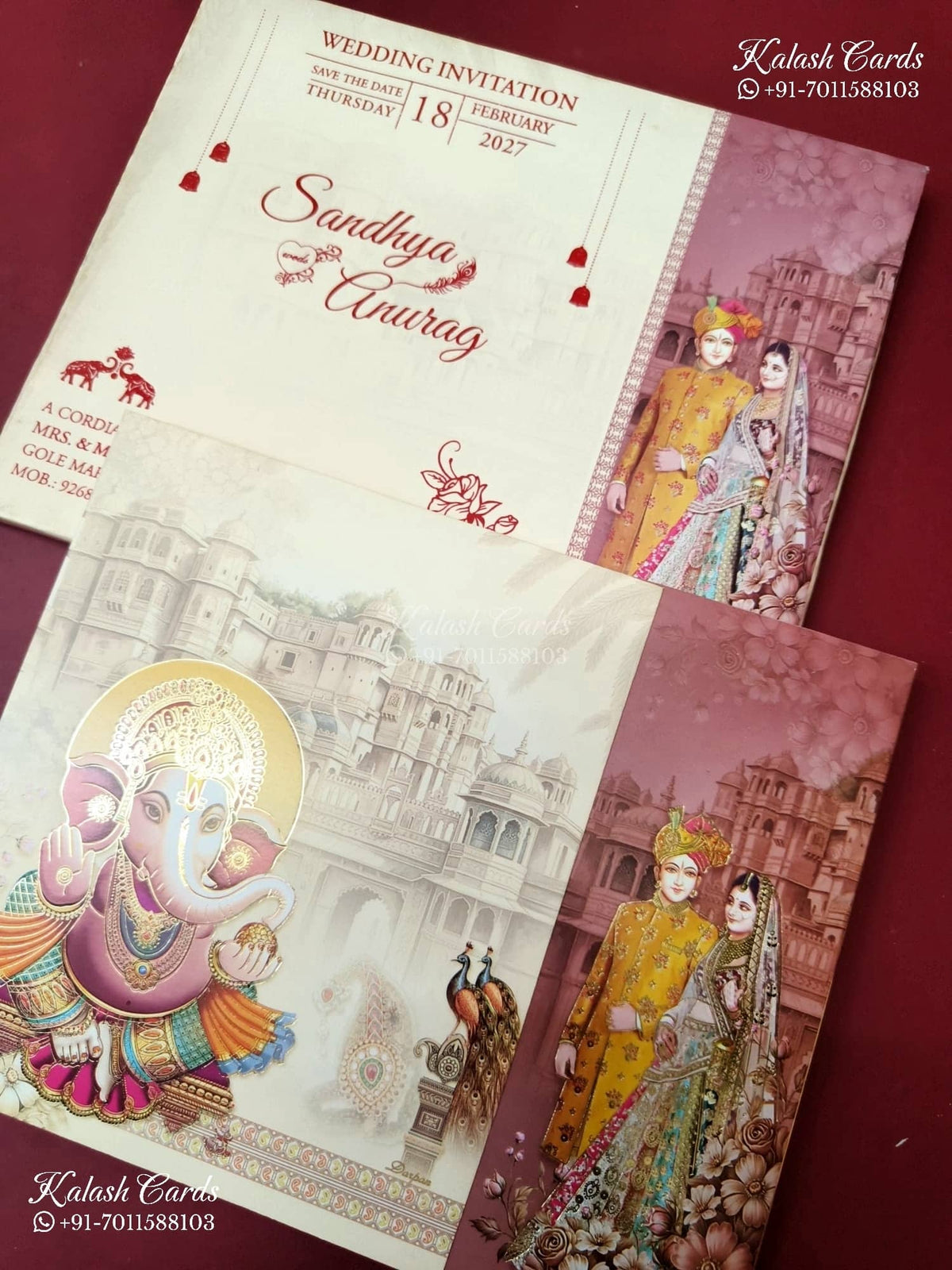 KLB-1306 Creme Pink Bride Groom Ganesh Ji Door Style Semi Box Wedding Card (2 Page)-Kalash Cards