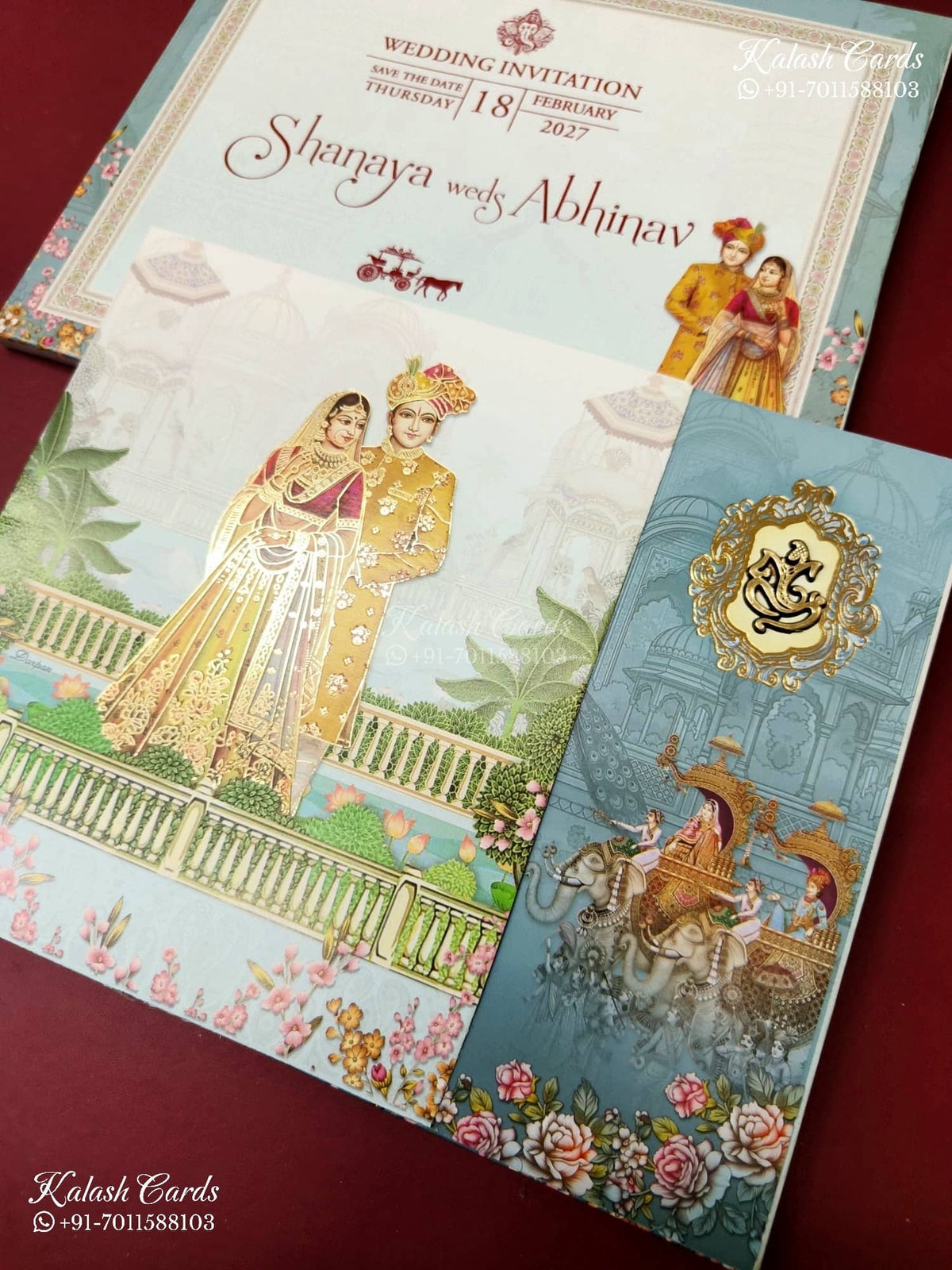 KLB-1307 White Blue Bride Groom Barat Door Style Semi Box Wedding Card (2 Page)-Kalash Cards