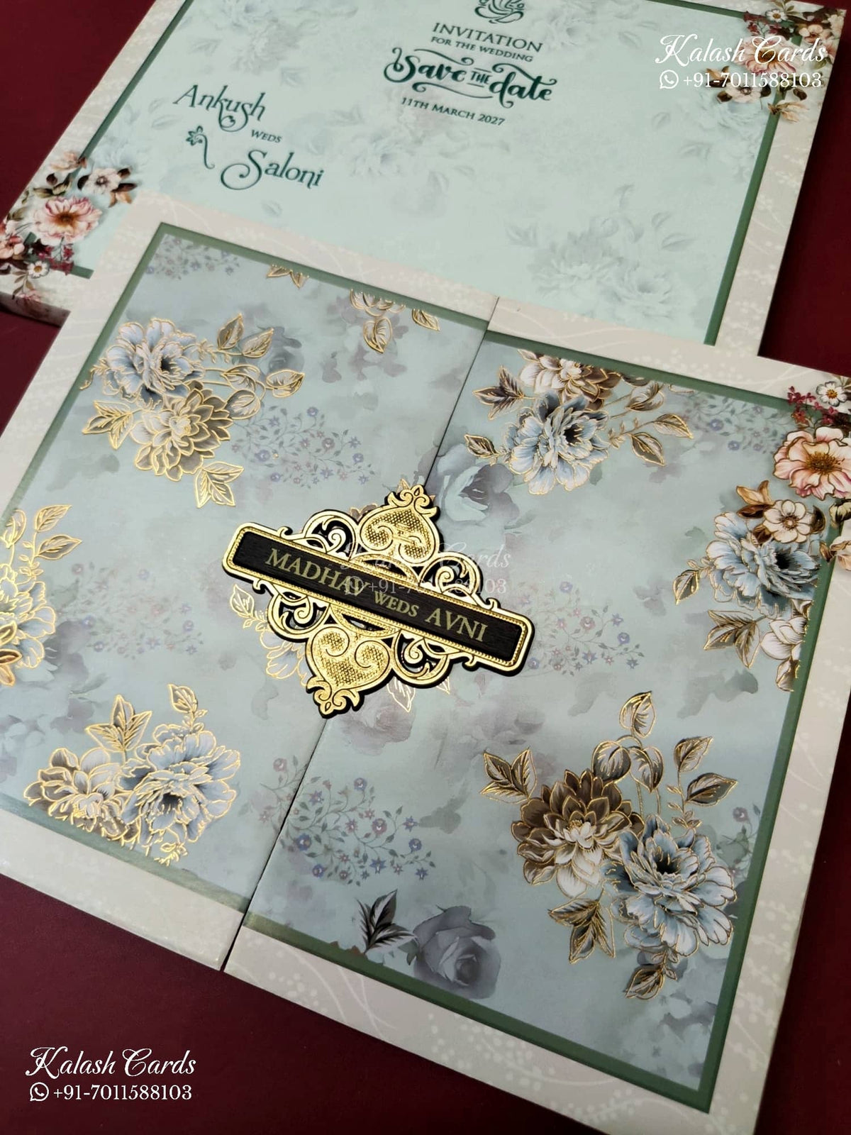 KLB-1309 White Blue Floral Door Style Semi Box Wedding Card (2 Page & Couple Name Wooden Plate)-Kalash Cards