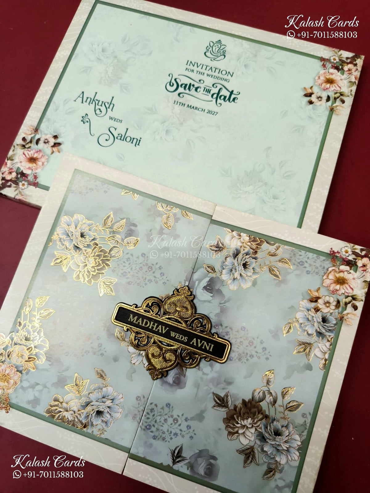 KLB-1309 White Blue Floral Door Style Semi Box Wedding Card (2 Page & Couple Name Wooden Plate)-Kalash Cards