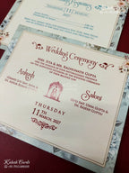 KLB-1309 White Blue Floral Door Style Semi Box Wedding Card (2 Page & Couple Name Wooden Plate)-Kalash Cards