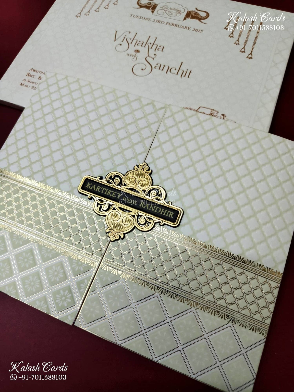 KLB-1315 White Traditional Door Style Embossed Semi Box Wedding Card (2 Page & Couple Name Wooden Plate)-Kalash Cards