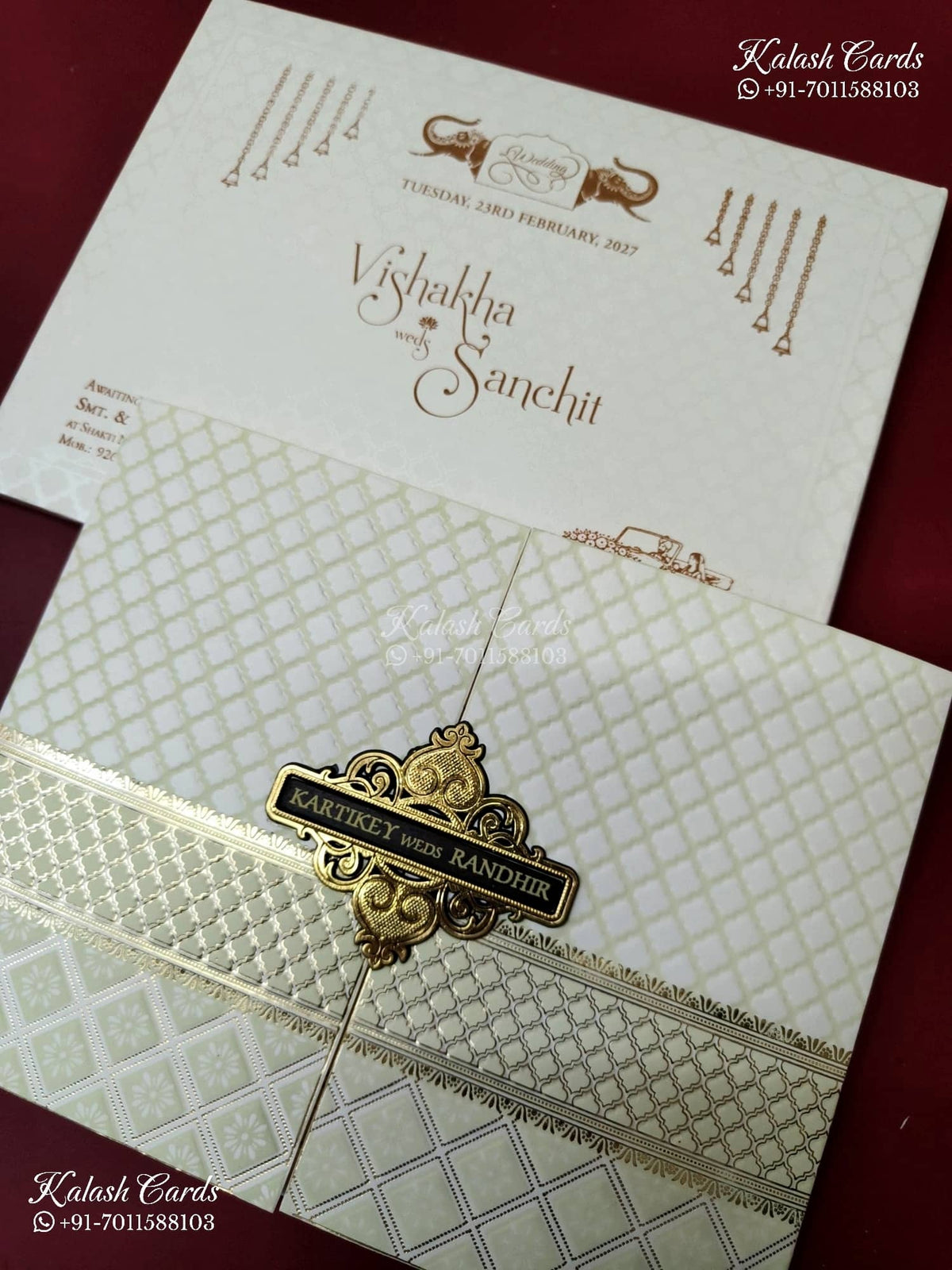 KLB-1315 White Traditional Door Style Embossed Semi Box Wedding Card (2 Page & Couple Name Wooden Plate)-Kalash Cards