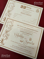 KLB-1315 White Traditional Door Style Embossed Semi Box Wedding Card (2 Page & Couple Name Wooden Plate)-Kalash Cards