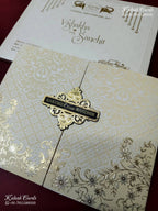KLB-1316 White Creme Floral Door Style Wedding Card (2 Page & Couple Name Wooden Plate)-Kalash Cards