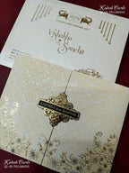 KLB-1316 White Creme Floral Door Style Wedding Card (2 Page & Couple Name Wooden Plate)-Kalash Cards