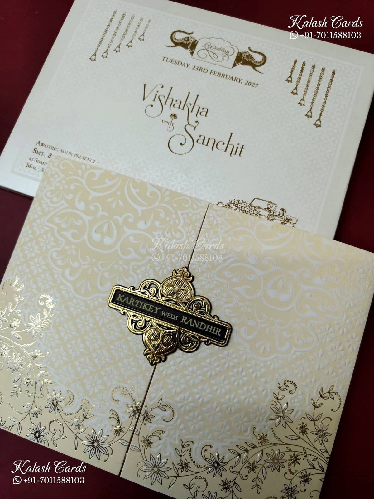 KLB-1316 White Creme Floral Door Style Wedding Card (2 Page & Couple Name Wooden Plate)-Kalash Cards