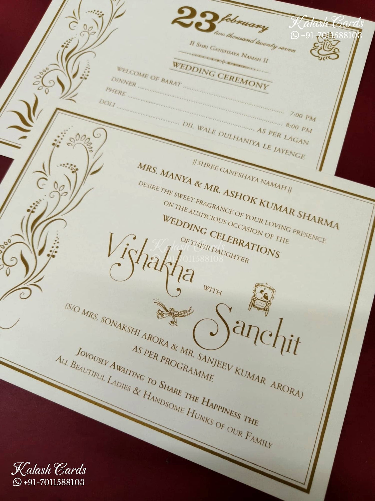 KLB-1316 White Creme Floral Door Style Wedding Card (2 Page & Couple Name Wooden Plate)-Kalash Cards