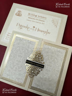 KLB-1319 White Creme Floral Door Style Embossed Semi Box Wedding Card (2 Page & Couple Name Wooden Plate)-Kalash Cards