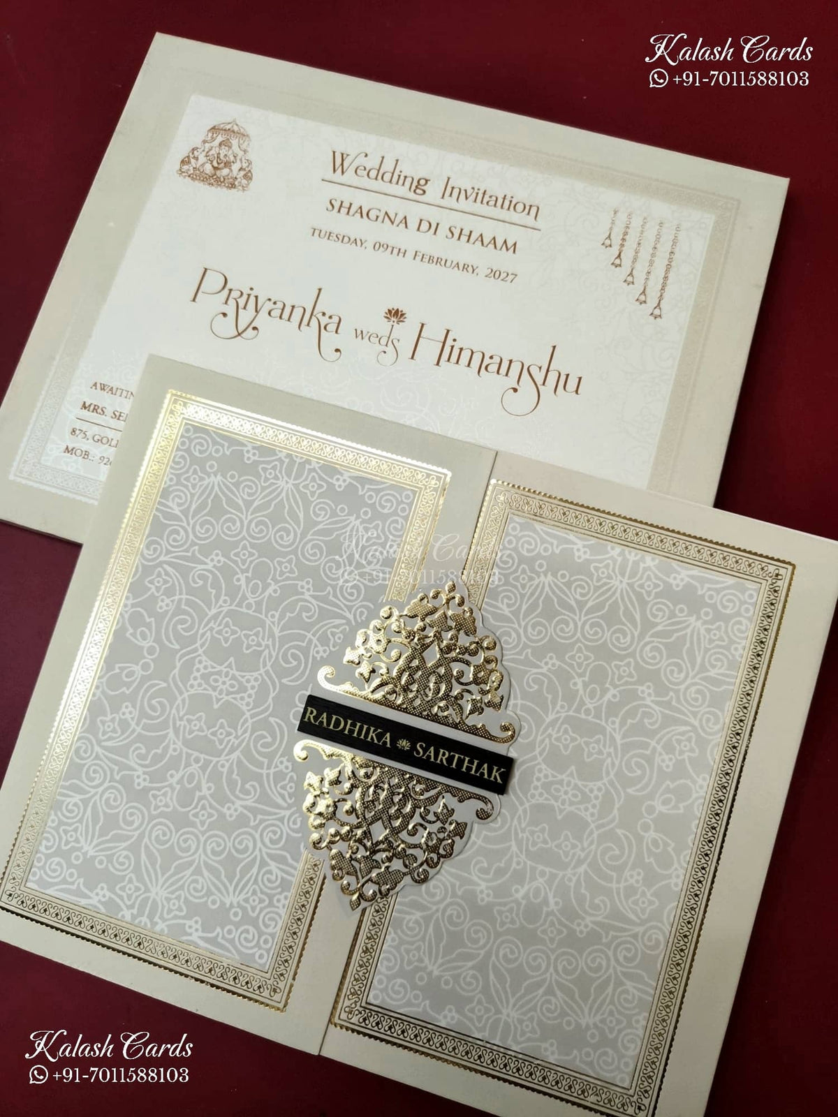KLB-1319 White Creme Floral Door Style Embossed Semi Box Wedding Card (2 Page & Couple Name Wooden Plate)-Kalash Cards