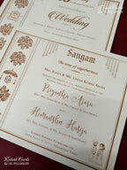 KLB-1319 White Creme Floral Door Style Embossed Semi Box Wedding Card (2 Page & Couple Name Wooden Plate)-Kalash Cards