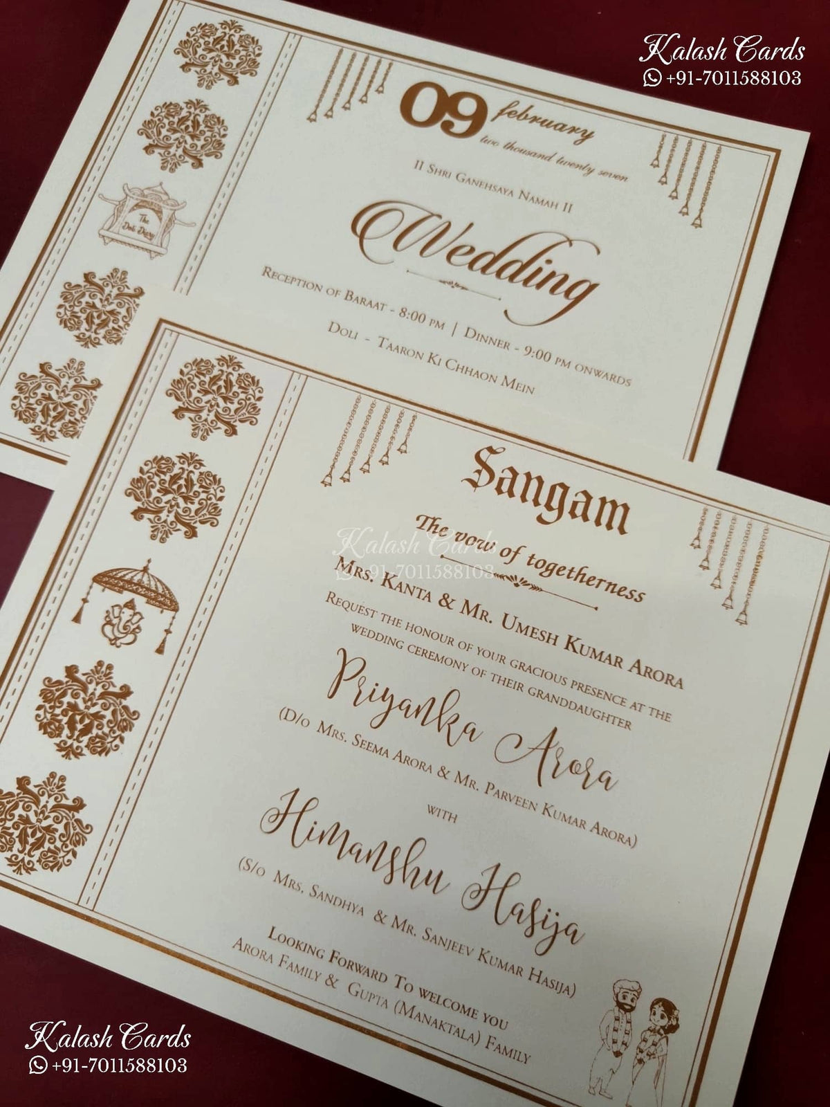 KLB-1319 White Creme Floral Door Style Embossed Semi Box Wedding Card (2 Page & Couple Name Wooden Plate)-Kalash Cards
