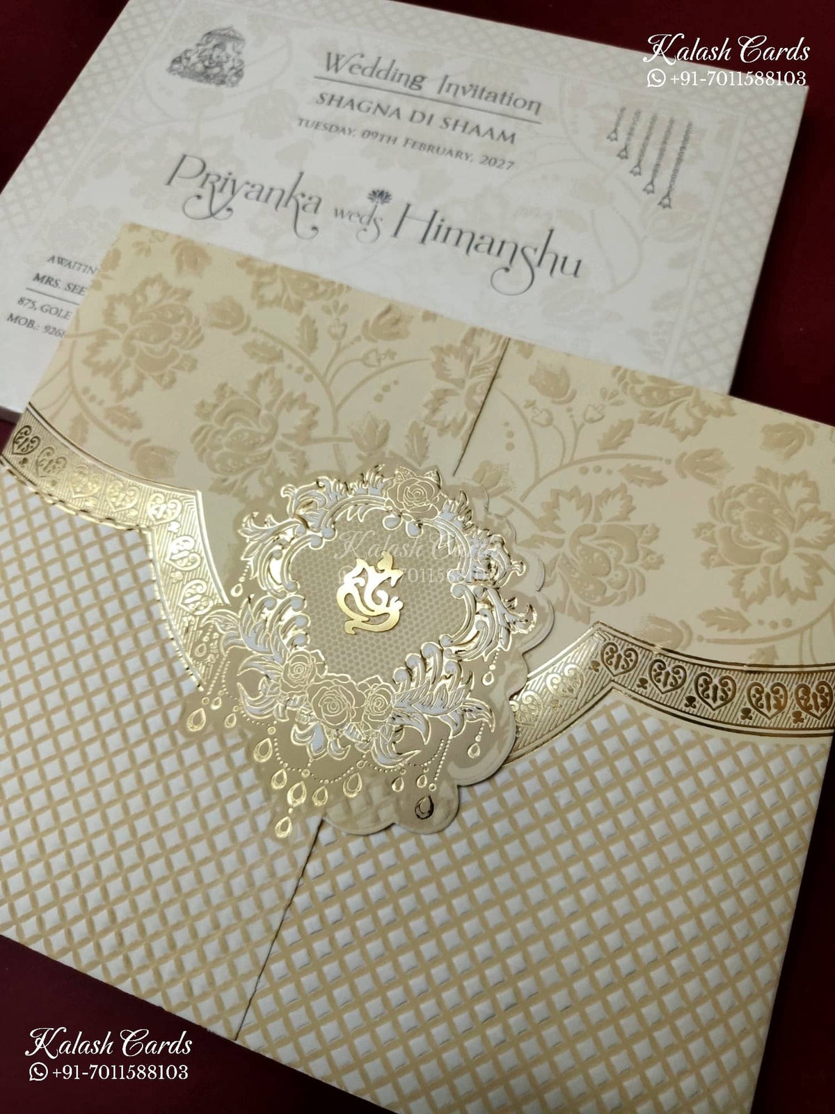 KLB-1320 White Creme Floral Traditional Door Style Embossed Semi Box Wedding Card (2 Page)-Kalash Cards