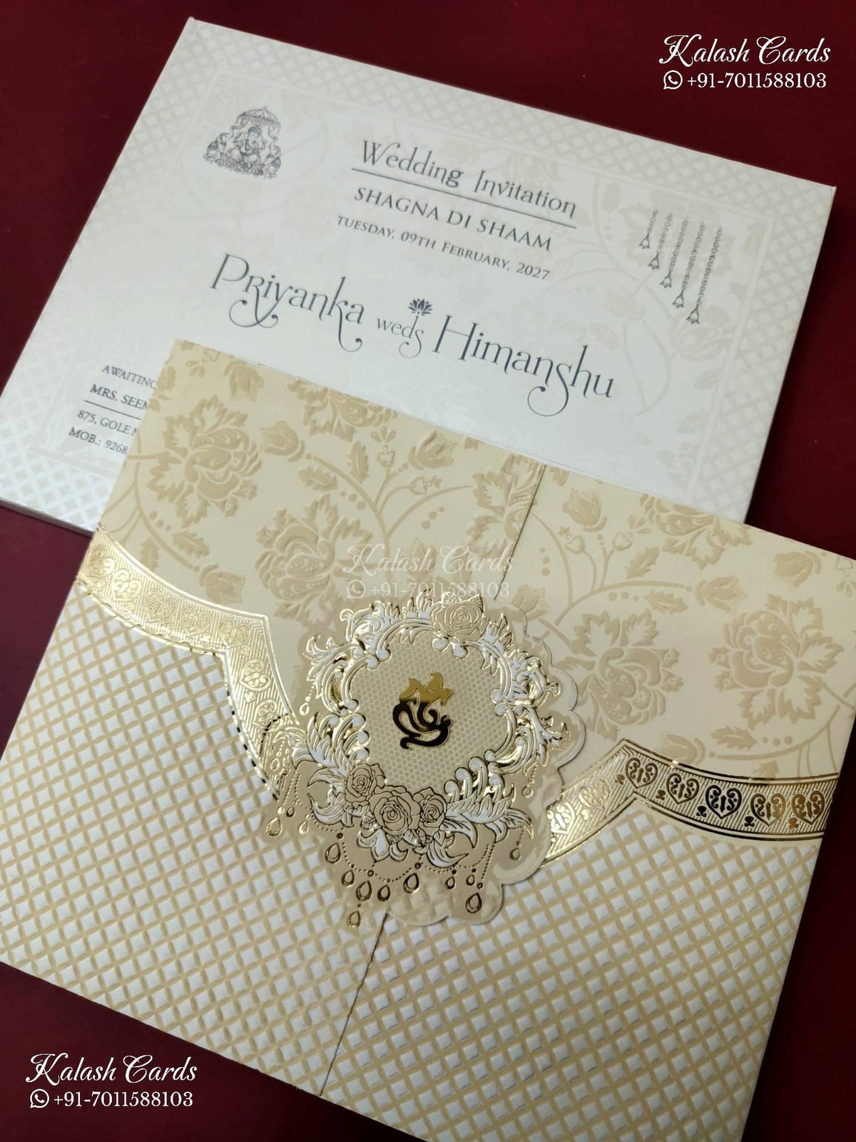 KLB-1320 White Creme Floral Traditional Door Style Embossed Semi Box Wedding Card (2 Page)-Kalash Cards