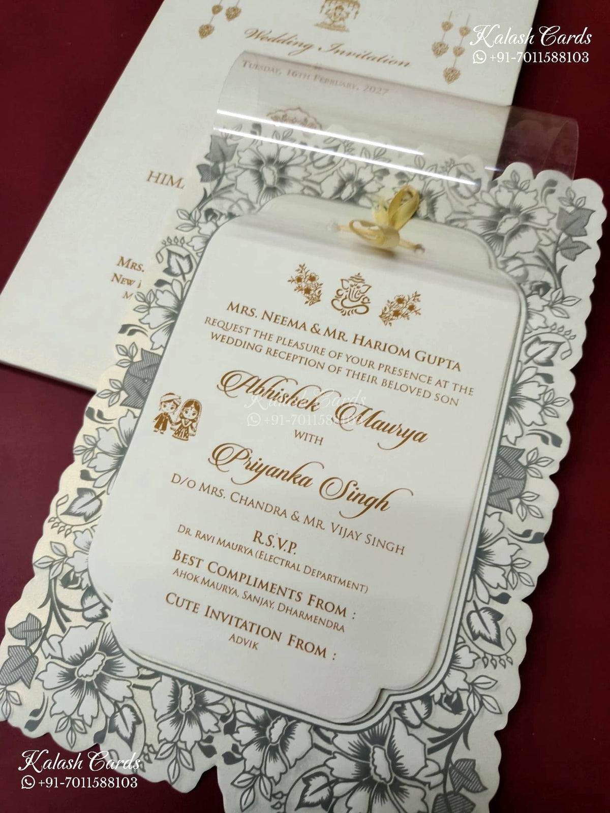 KLB-1321 White Floral Semi Box Wedding Card (2 Page & Transparent PVC)-Kalash Cards