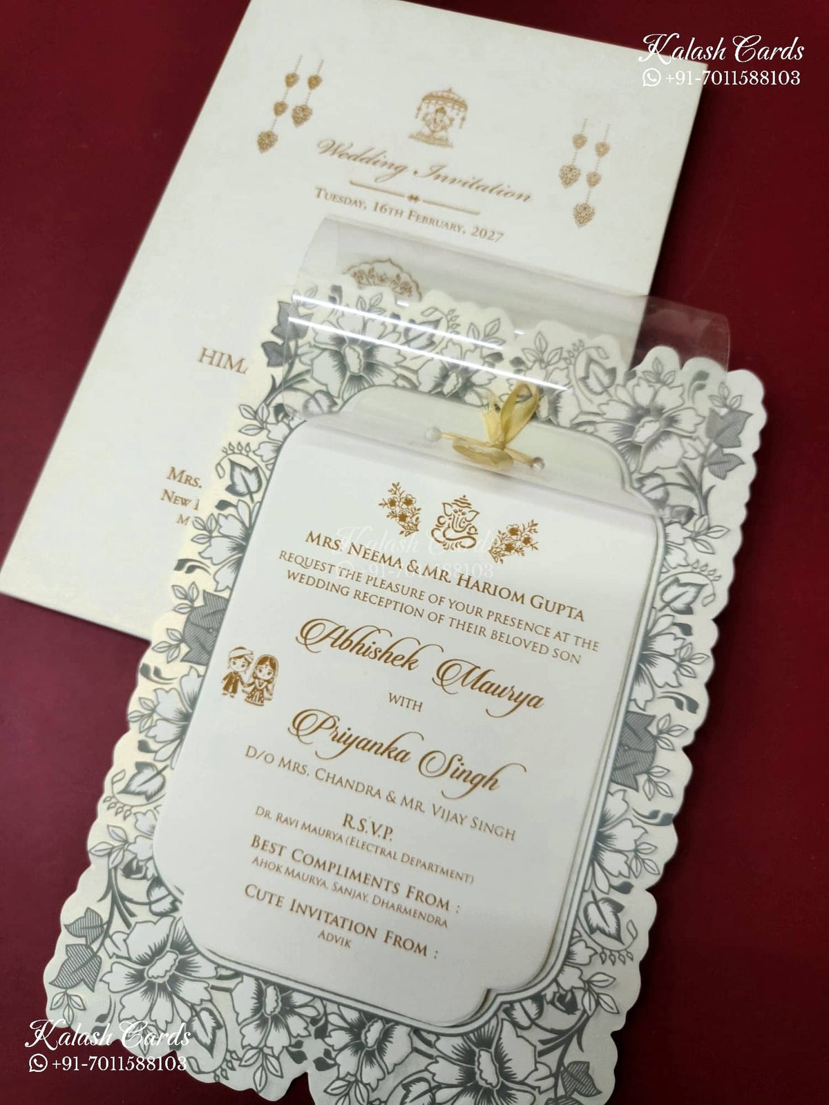 KLB-1321 White Floral Semi Box Wedding Card (2 Page & Transparent PVC)-Kalash Cards