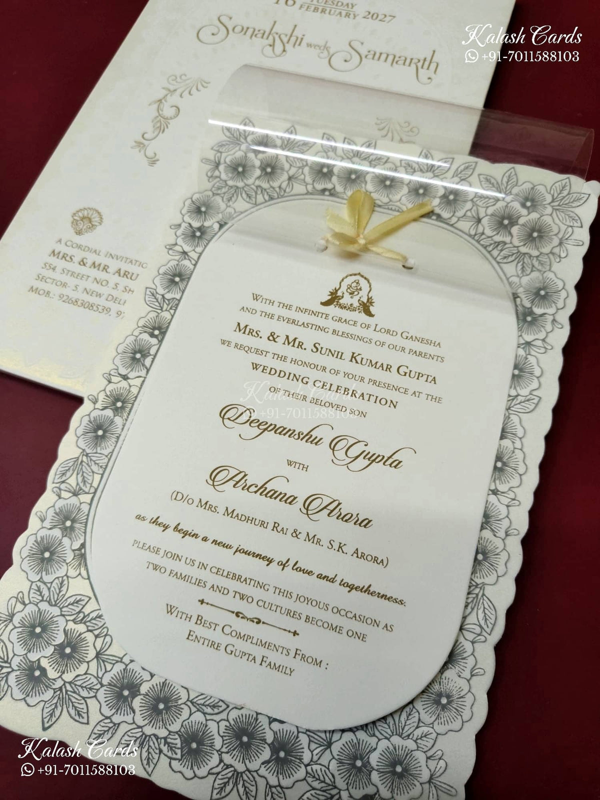 KLB-1322 White Grey Floral Embossed Semi Box Wedding Card (2 Page)-Kalash Cards