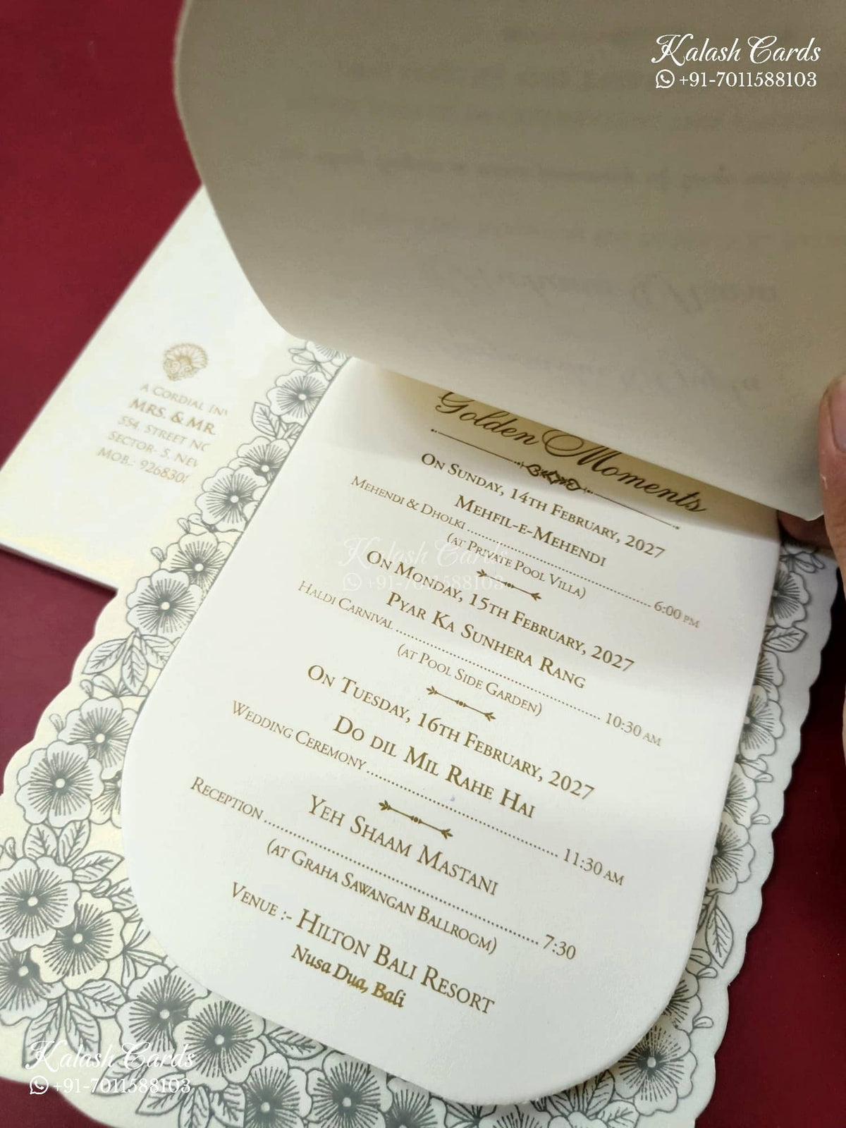 KLB-1322 White Grey Floral Embossed Semi Box Wedding Card (2 Page)-Kalash Cards