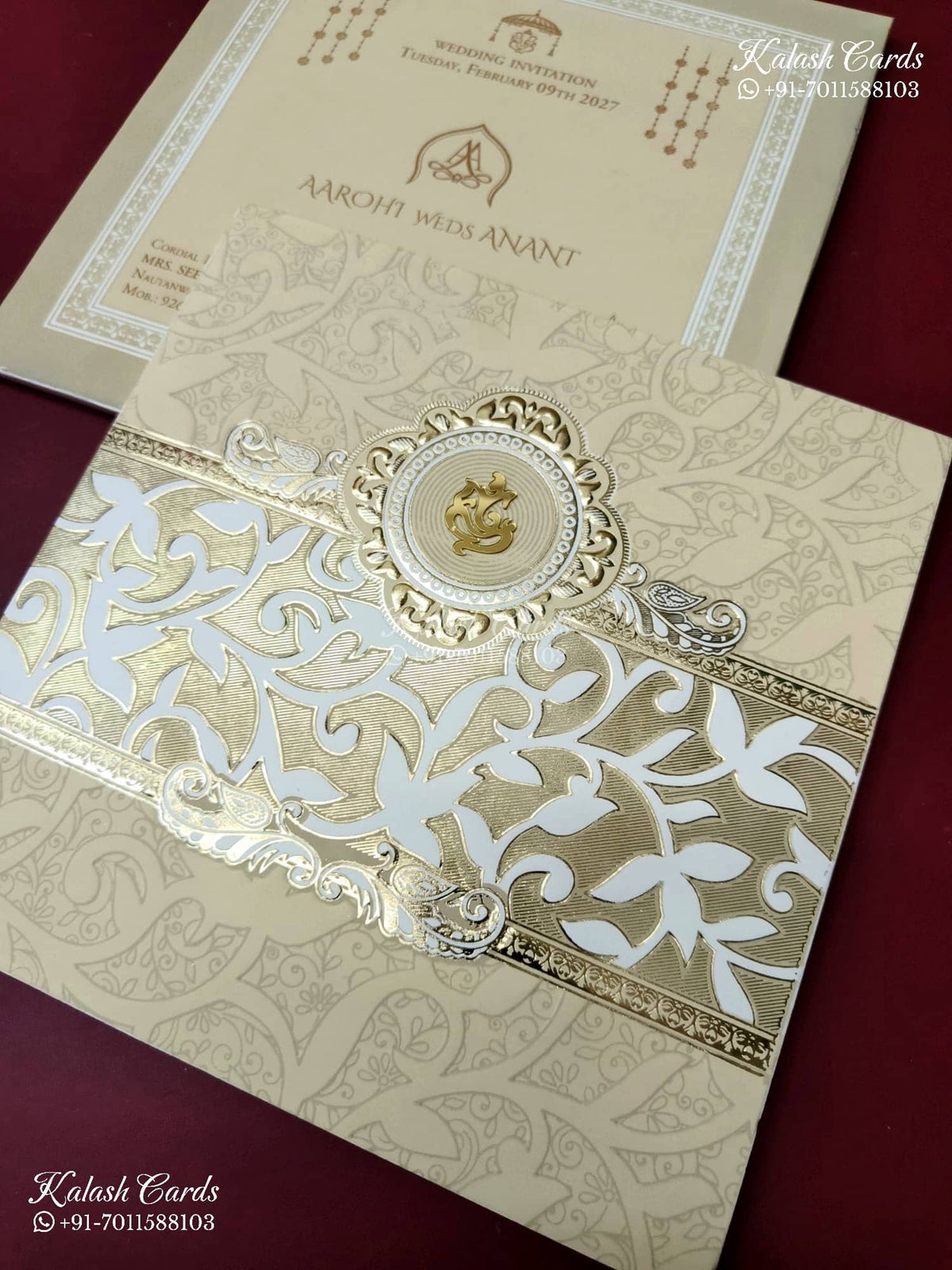KLB-1325 Creme Floral Embossed Semi Box Wedding Card (2 Page)-Kalash Cards