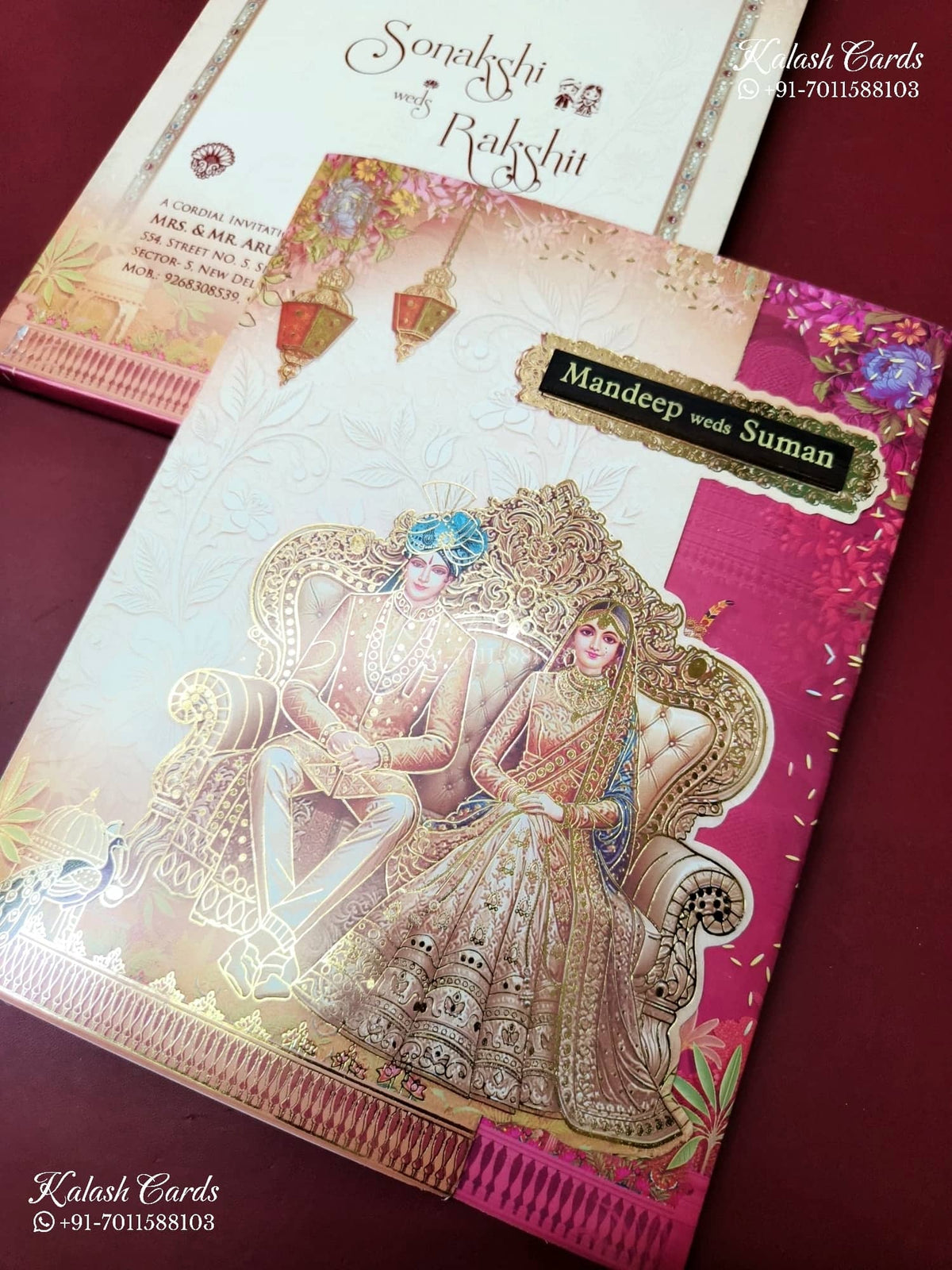 KLB-1329 Creme Pink Bride Groom Semi Box Wedding Card (2 Page & Couple Name Wooden Plate)-Kalash Cards