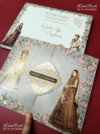 KLB-1332 Grey Bride Groom Door Style Semi Box Wedding Card (2 Page & Couple Name Wooden Plate)-Kalash Cards