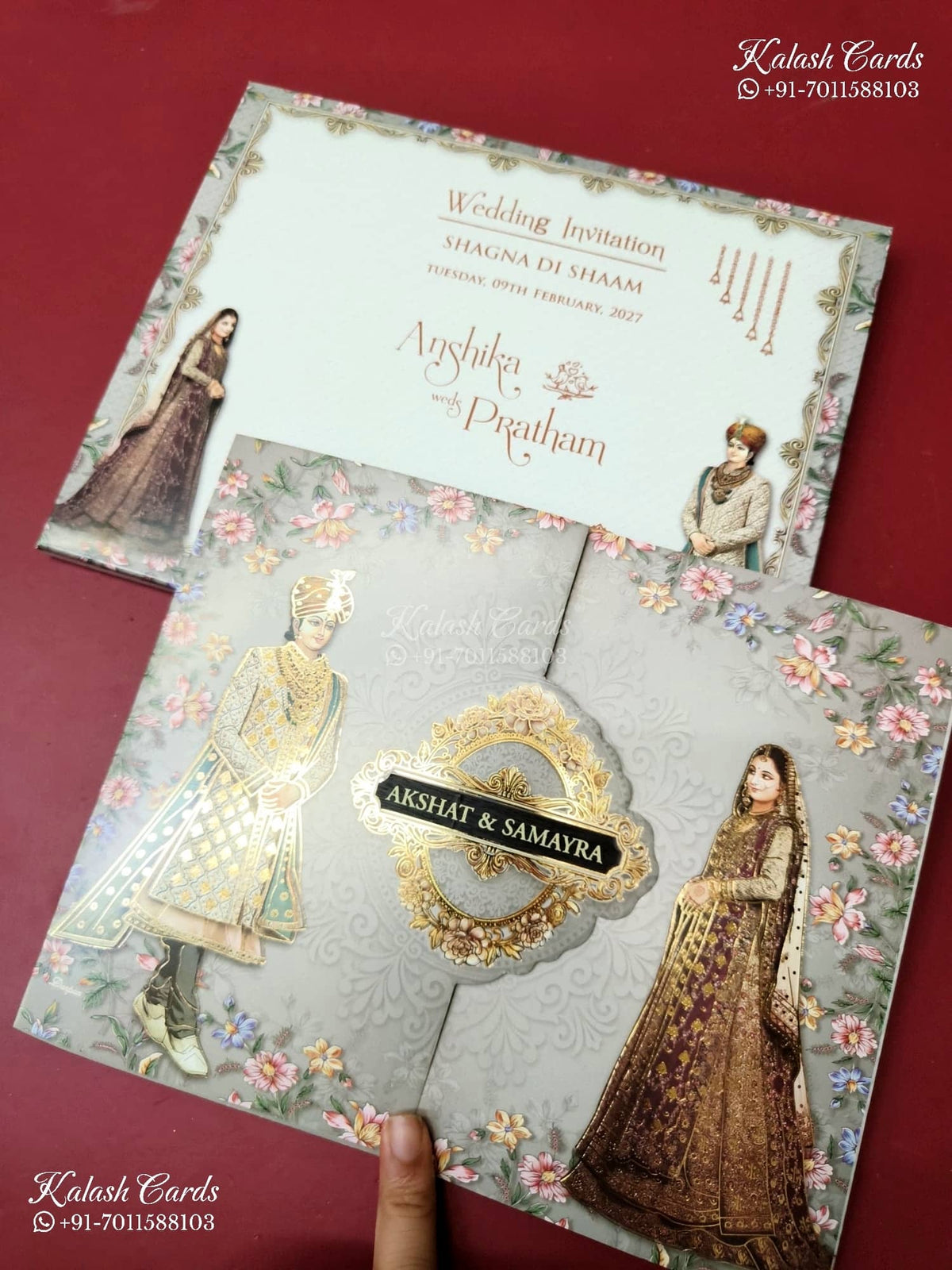 KLB-1332 Grey Bride Groom Door Style Semi Box Wedding Card (2 Page & Couple Name Wooden Plate)-Kalash Cards