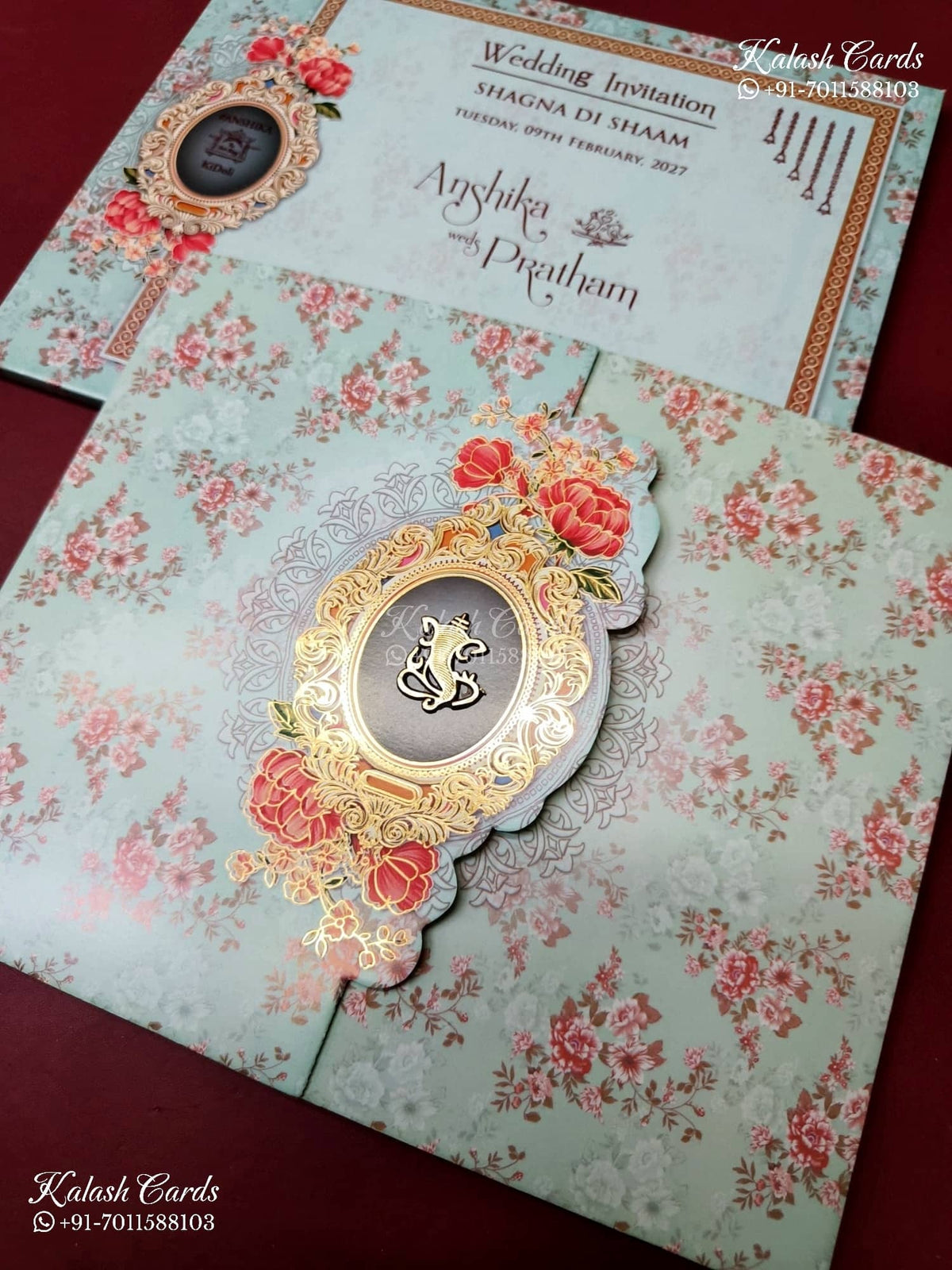 KLB-1333 Blue Pink Floral Door Style Wedding Card (2 Page)-Kalash Cards