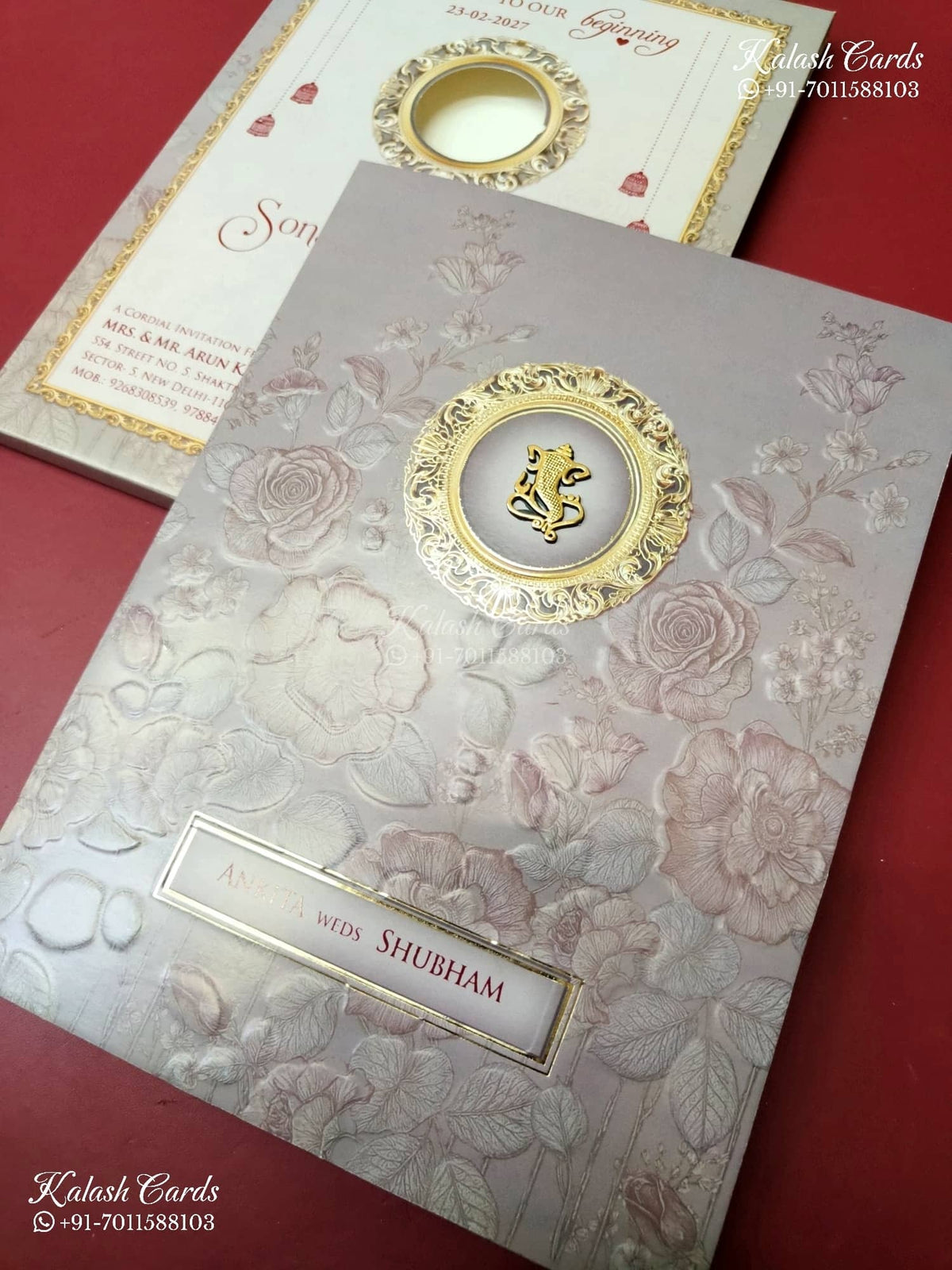 KLB-1334 Creme Grey Floral Semi Box Wedding Card (2 Page)-Kalash Cards