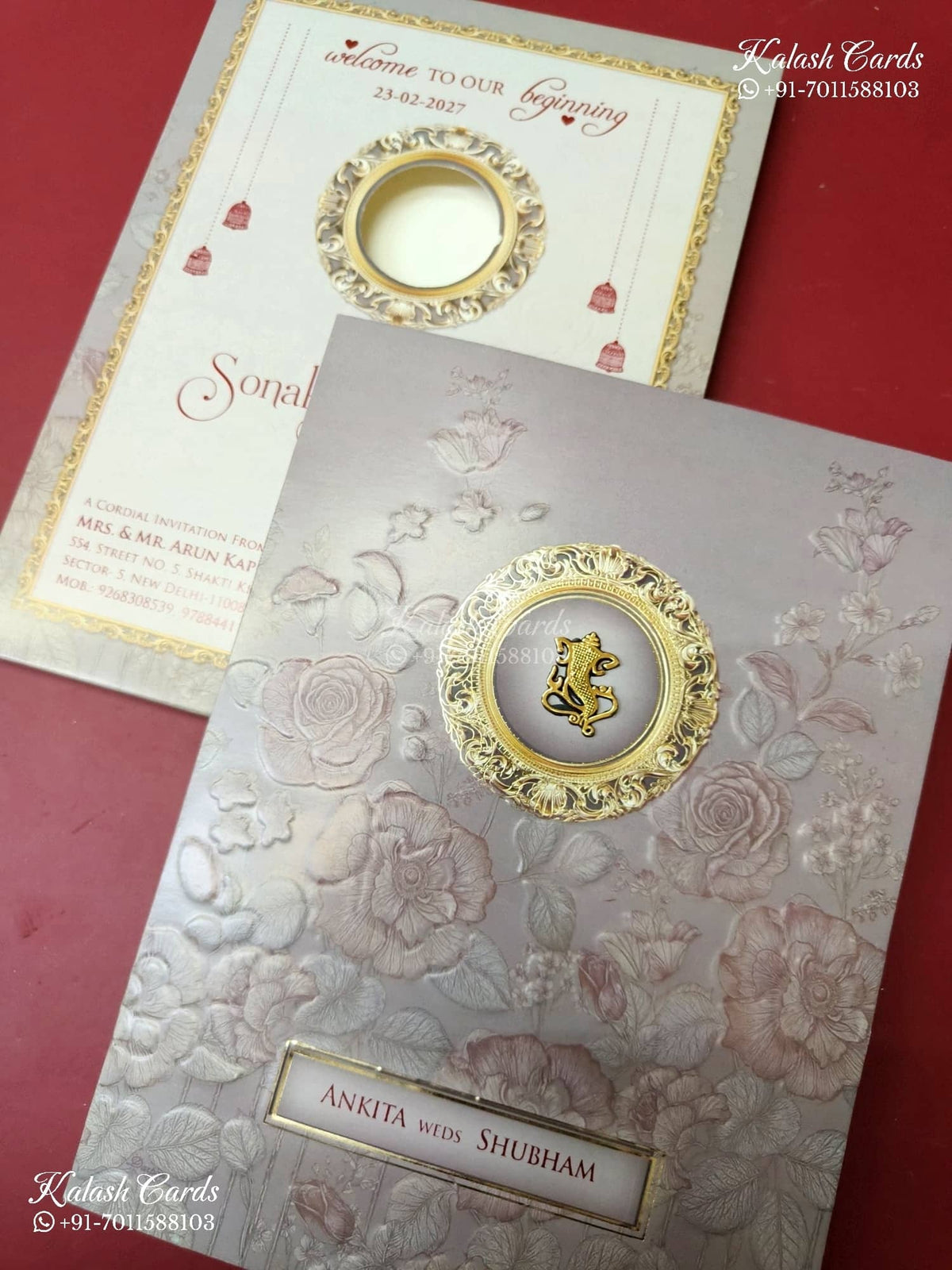 KLB-1334 Creme Grey Floral Semi Box Wedding Card (2 Page)-Kalash Cards