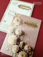 KLB-1335 Brown Rose Floral Semi Box Wedding Card (2 Page & Couple Name Wooden Plate)-Kalash Cards