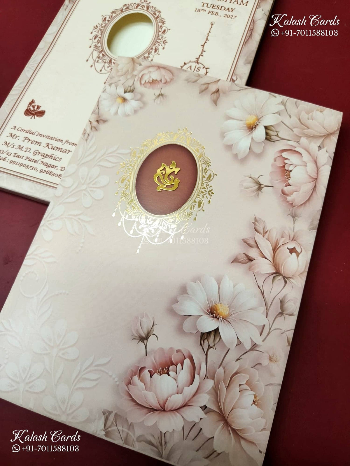 KLB-1336 Creme Pink Floral Semi Box Wedding Card (2 Page)-Kalash Cards