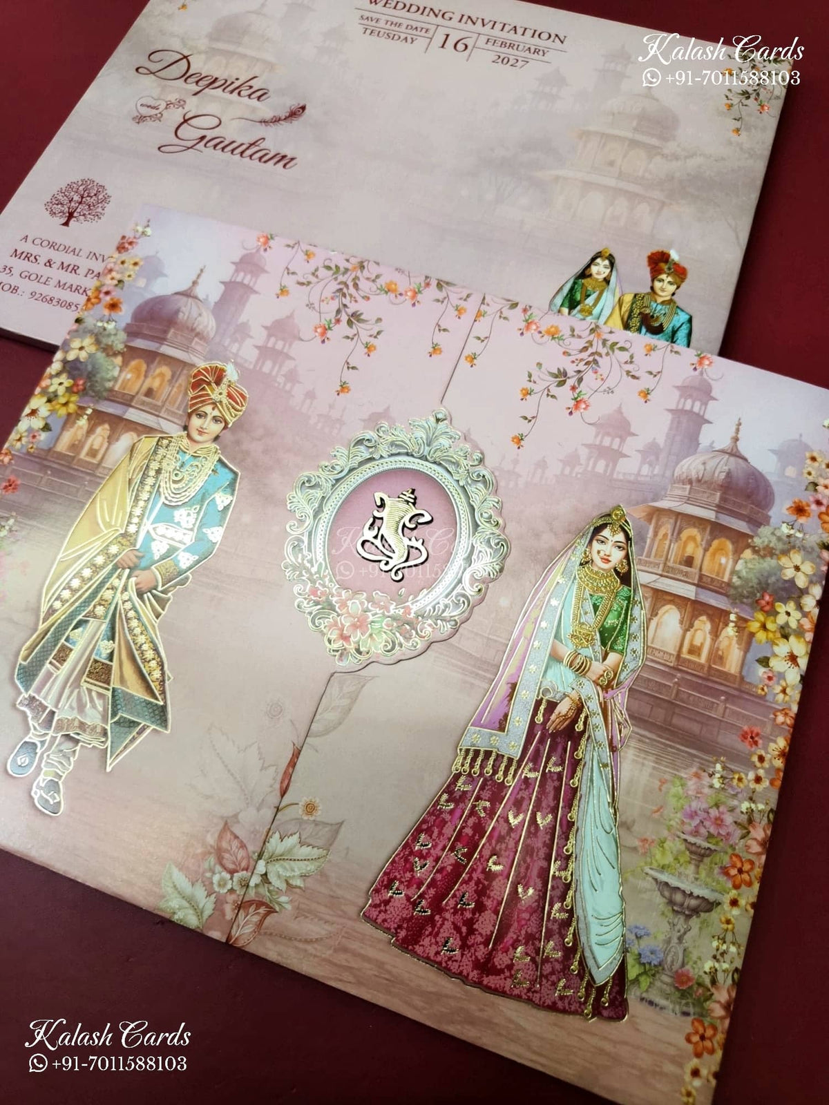 KLB-1338 Pink Bride Groom Door Style Semi Box Wedding Card (2 Page)-Kalash Cards