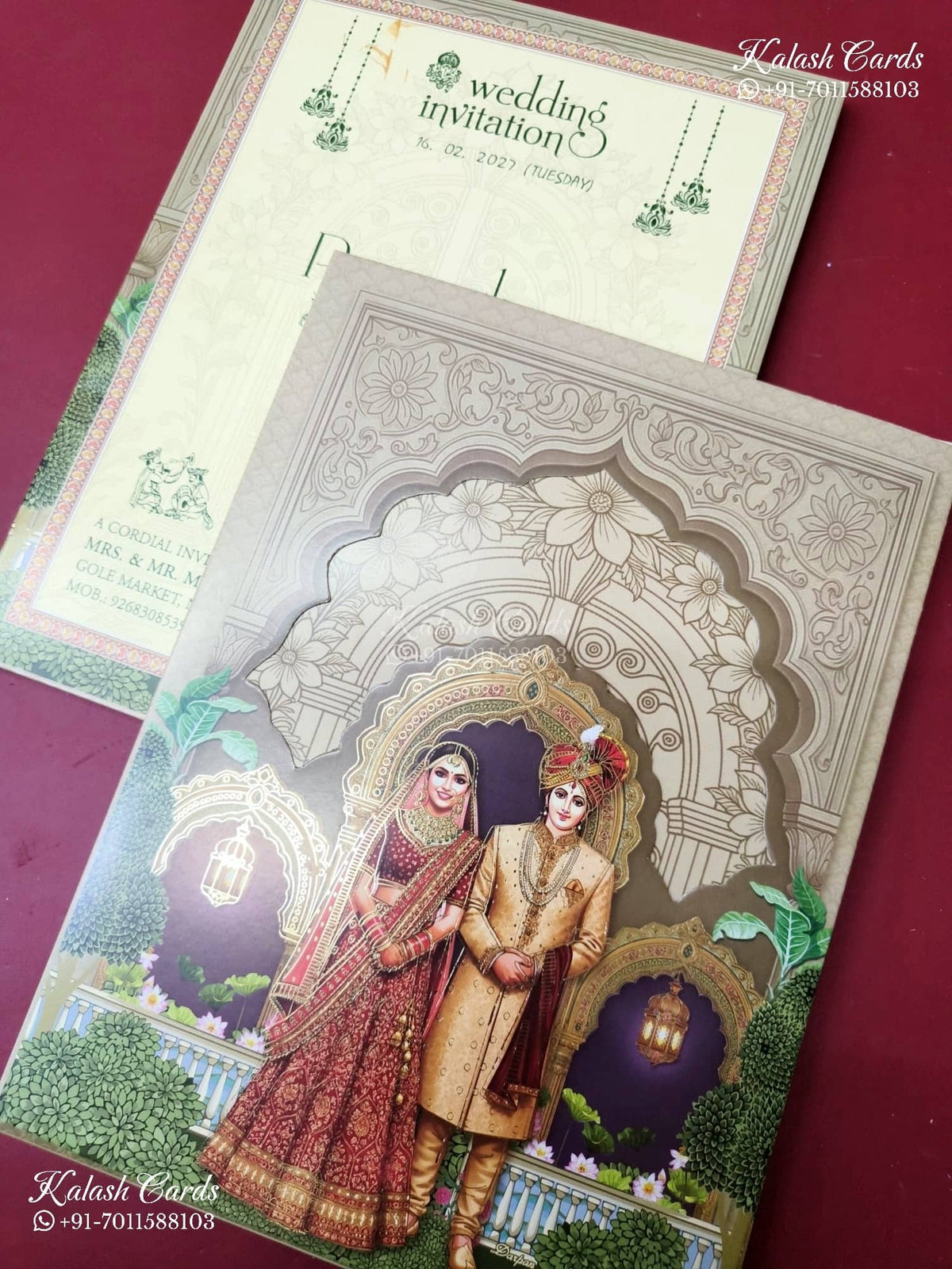KLB-1341 Brown Bride Groom Semi Box Wedding Card (2 Page)-Kalash Cards