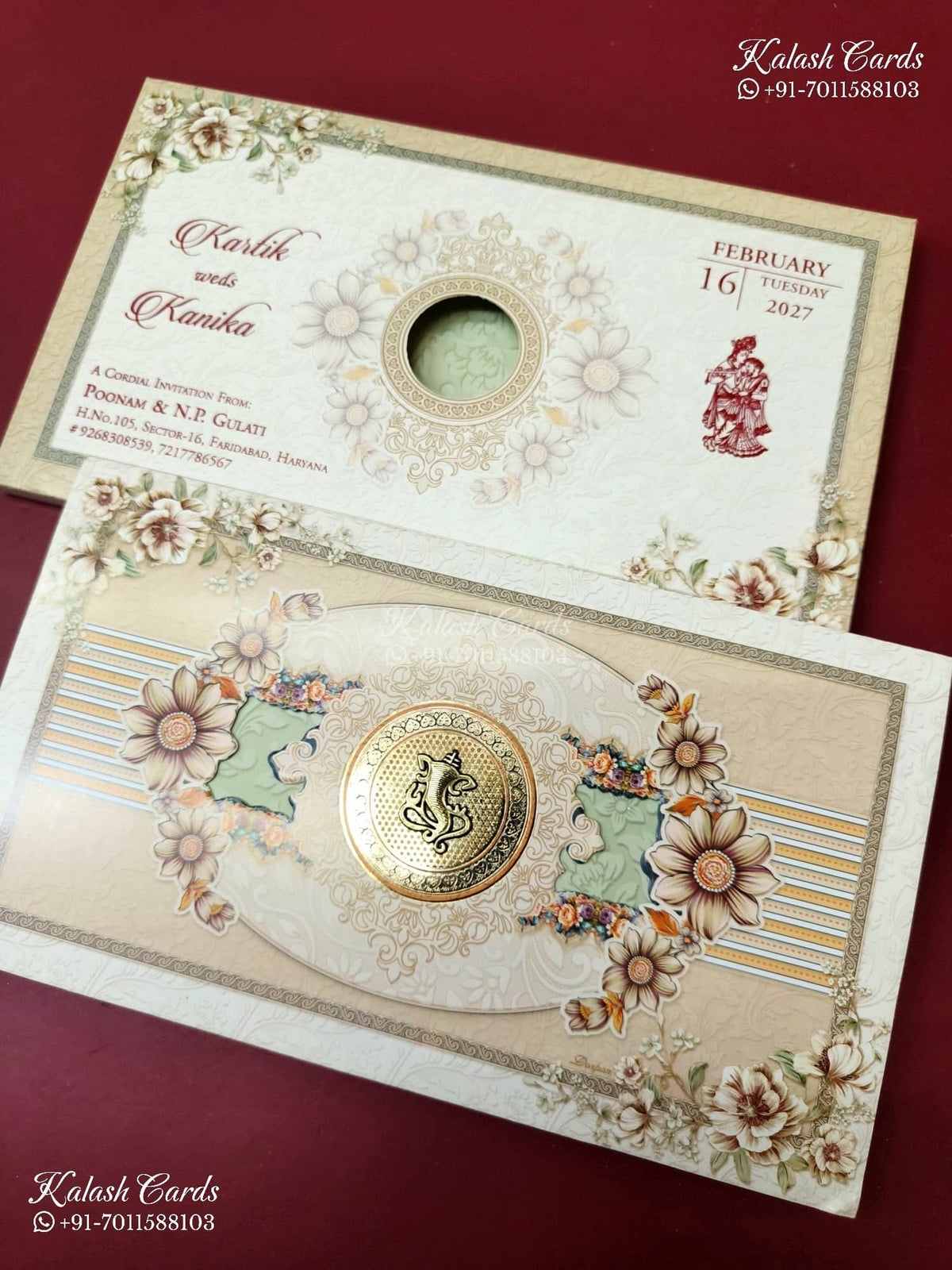 KLB-1343 Creme Floral Semi Box Wedding Card (2 Page)-Kalash Cards