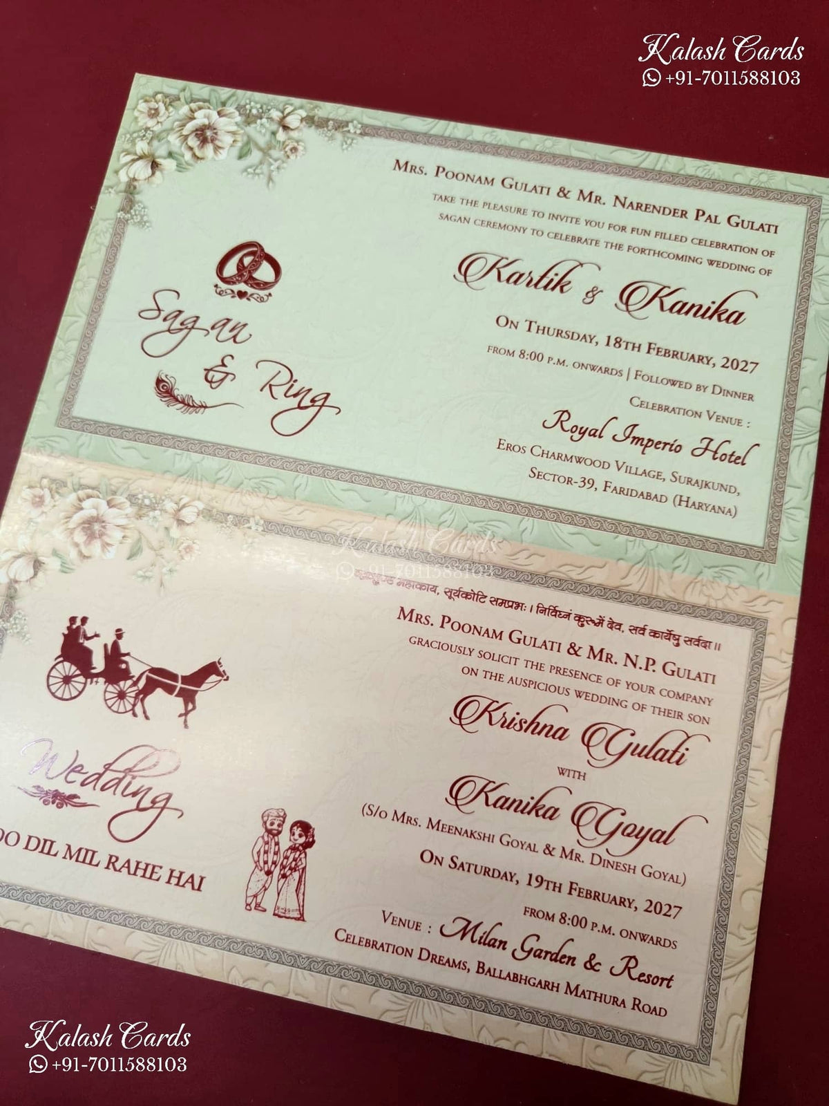 KLB-1343 Creme Floral Semi Box Wedding Card (2 Page)-Kalash Cards