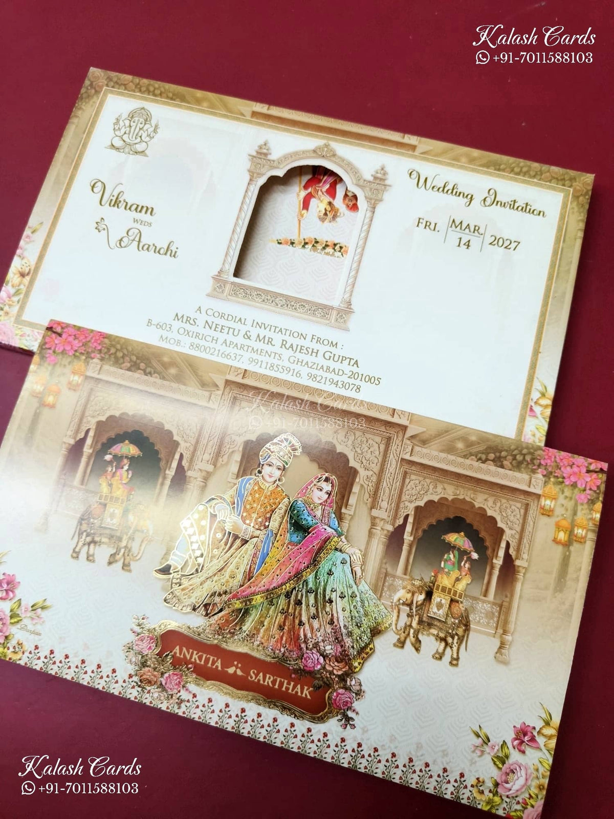 KLB-1344 Creme Brown Bride Groom Semi Box Wedding Card (2 Page)-Kalash Cards