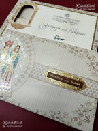 KLB-1347 Creme Bride Groom Semi Box Wedding Card (2 Page & Couple Name Wooden Plate)-Kalash Cards