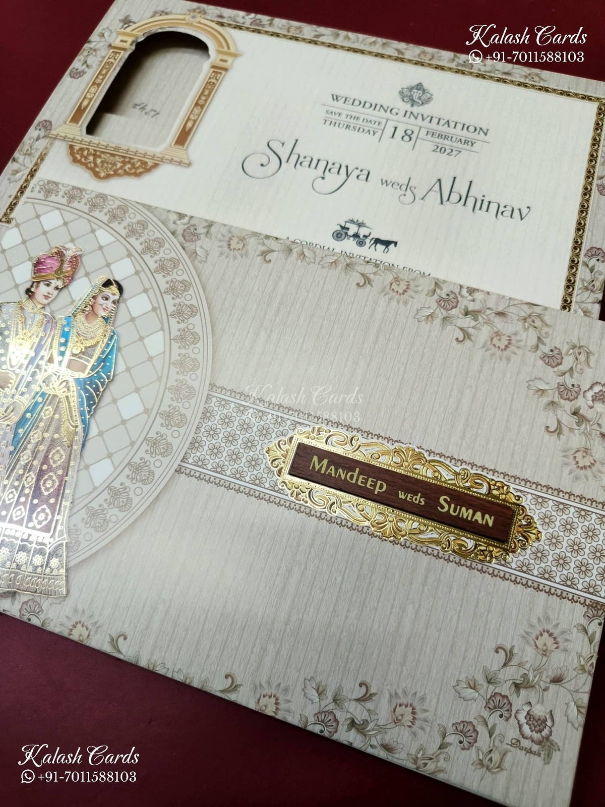 KLB-1347 Creme Bride Groom Semi Box Wedding Card (2 Page & Couple Name Wooden Plate)-Kalash Cards