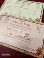 KLB-1347 Creme Bride Groom Semi Box Wedding Card (2 Page & Couple Name Wooden Plate)-Kalash Cards
