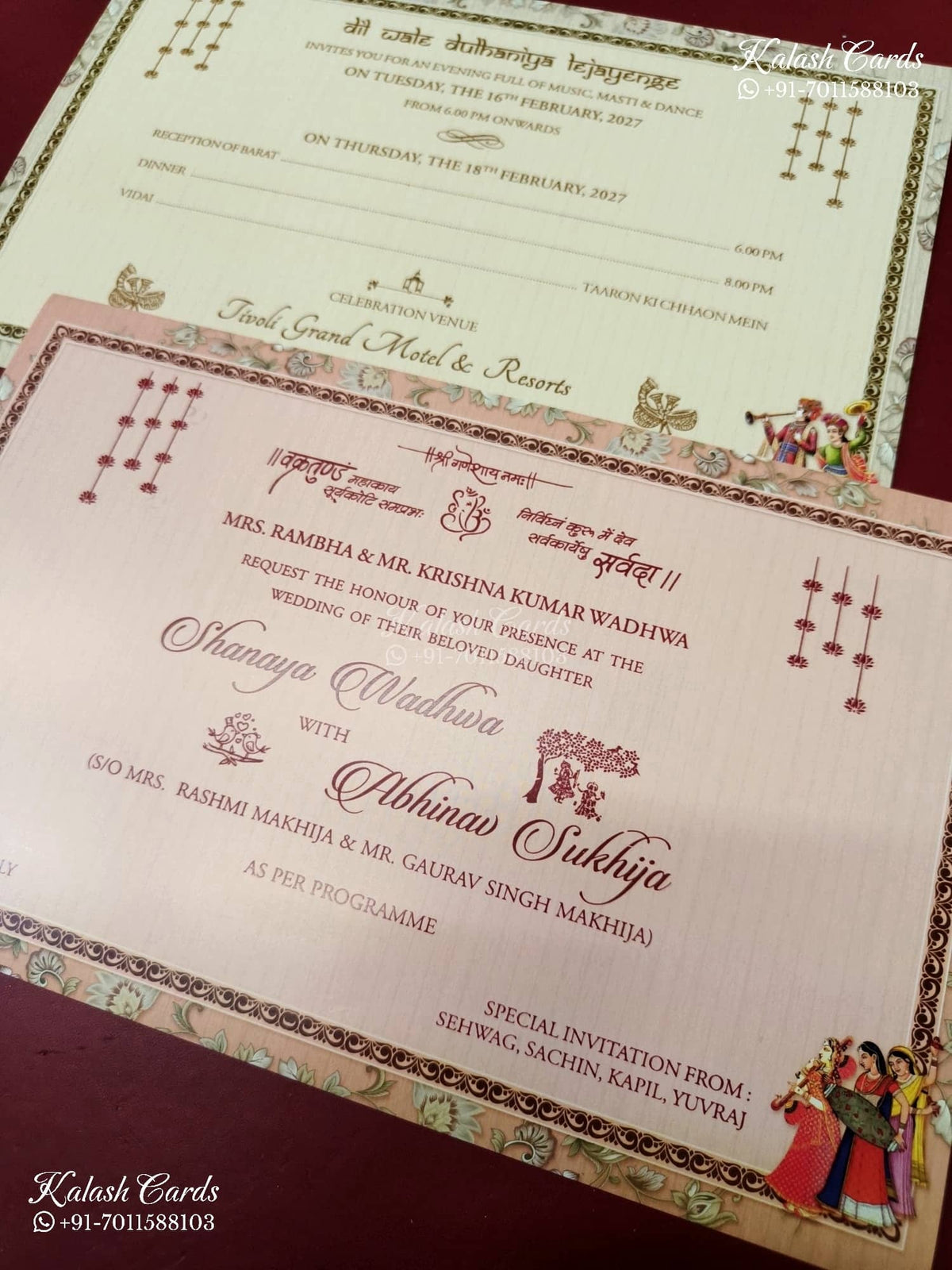 KLB-1347 Creme Bride Groom Semi Box Wedding Card (2 Page & Couple Name Wooden Plate)-Kalash Cards