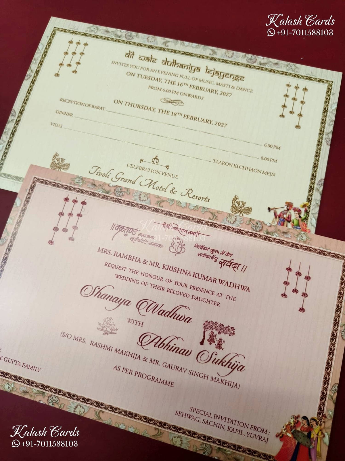 KLB-1347 Creme Bride Groom Semi Box Wedding Card (2 Page & Couple Name Wooden Plate)-Kalash Cards