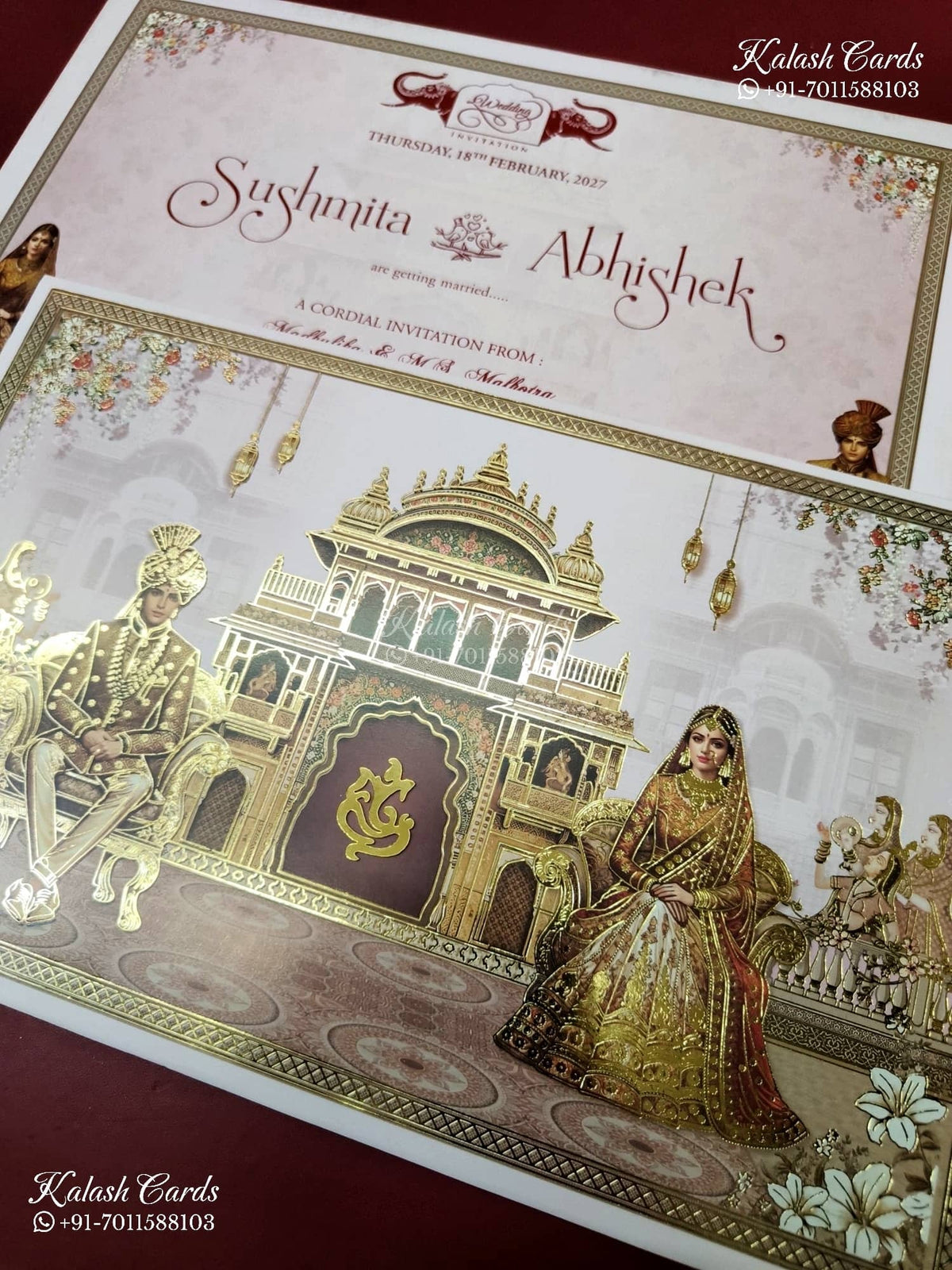 KLB-1349 Pink Bride Groom Semi Box Wedding Card (2 Page)-Kalash Cards
